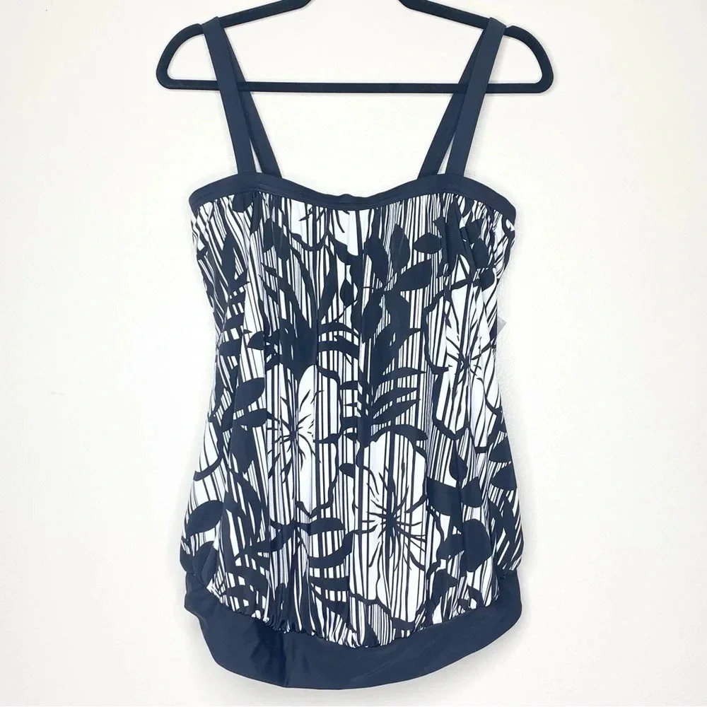 NWT Avenue The Tankini Two Piece Swimsuit Navy White Tropical Floral Size 14